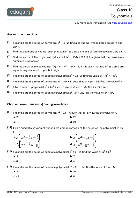 Math Worksheets Grade 9 Polynomials