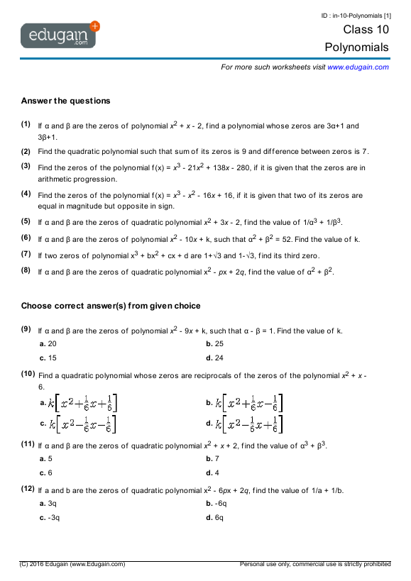 Year 10 Polynomials Math Practice Questions Tests Worksheets 