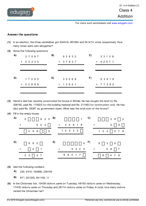 Year 4 Addition Math Practice Questions Tests Worksheets Quizzes Assignments Edugain
