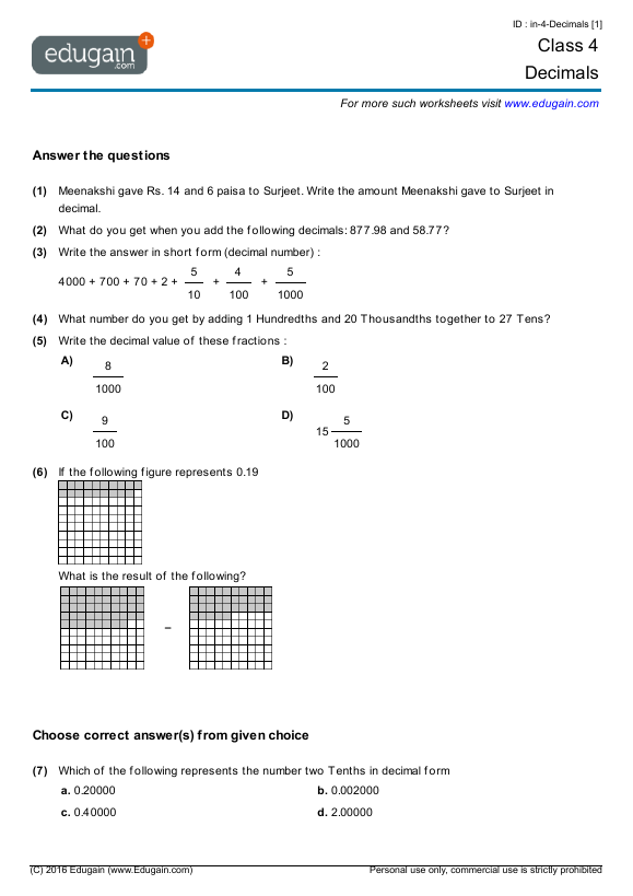 Math Worksheets For Grade 4 Decimals