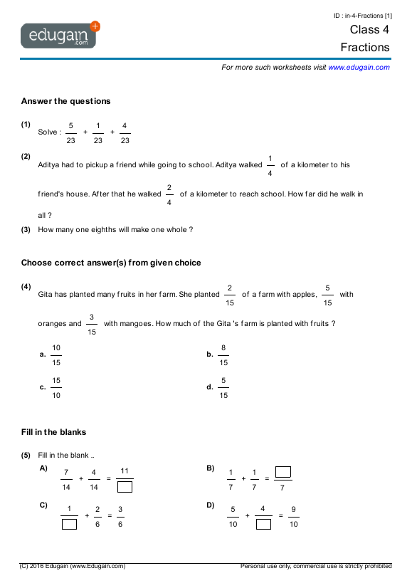 Year 4 Math Worksheets and Problems: Fractions | Edugain ...