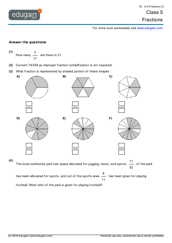 Year 5 Fractions Math Practice Questions Tests Worksheets Quizzes Assignments Edugain