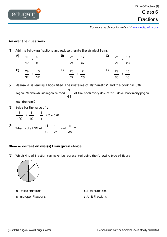 Year 6 Fractions Math Practice Questions Tests Worksheets Quizzes Assignments Edugain