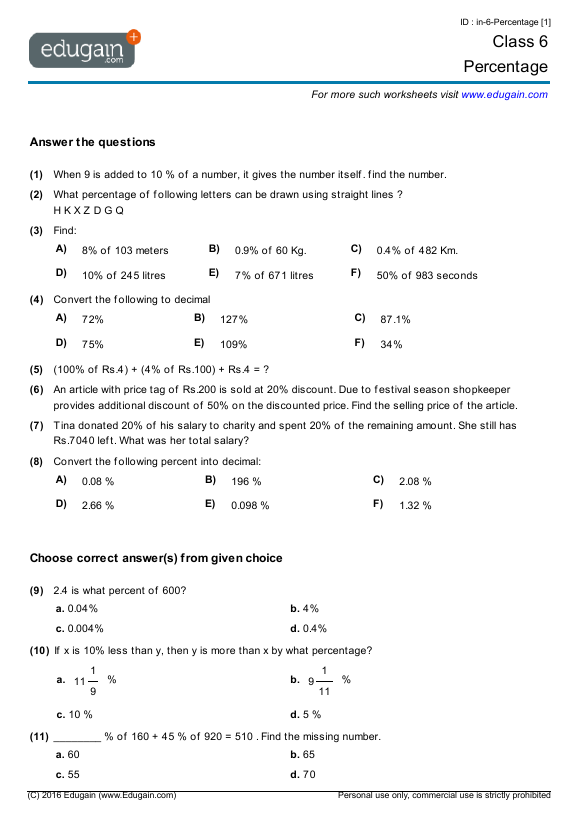 Year 6 Percentage Math Practice, Questions, Tests