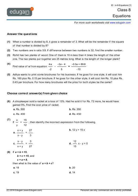 Year 8 Math Worksheets and Problems: Equations | Edugain ...
