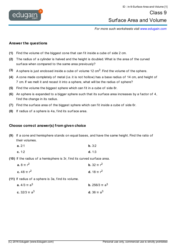 year 9 surface area and volume math practice questions tests